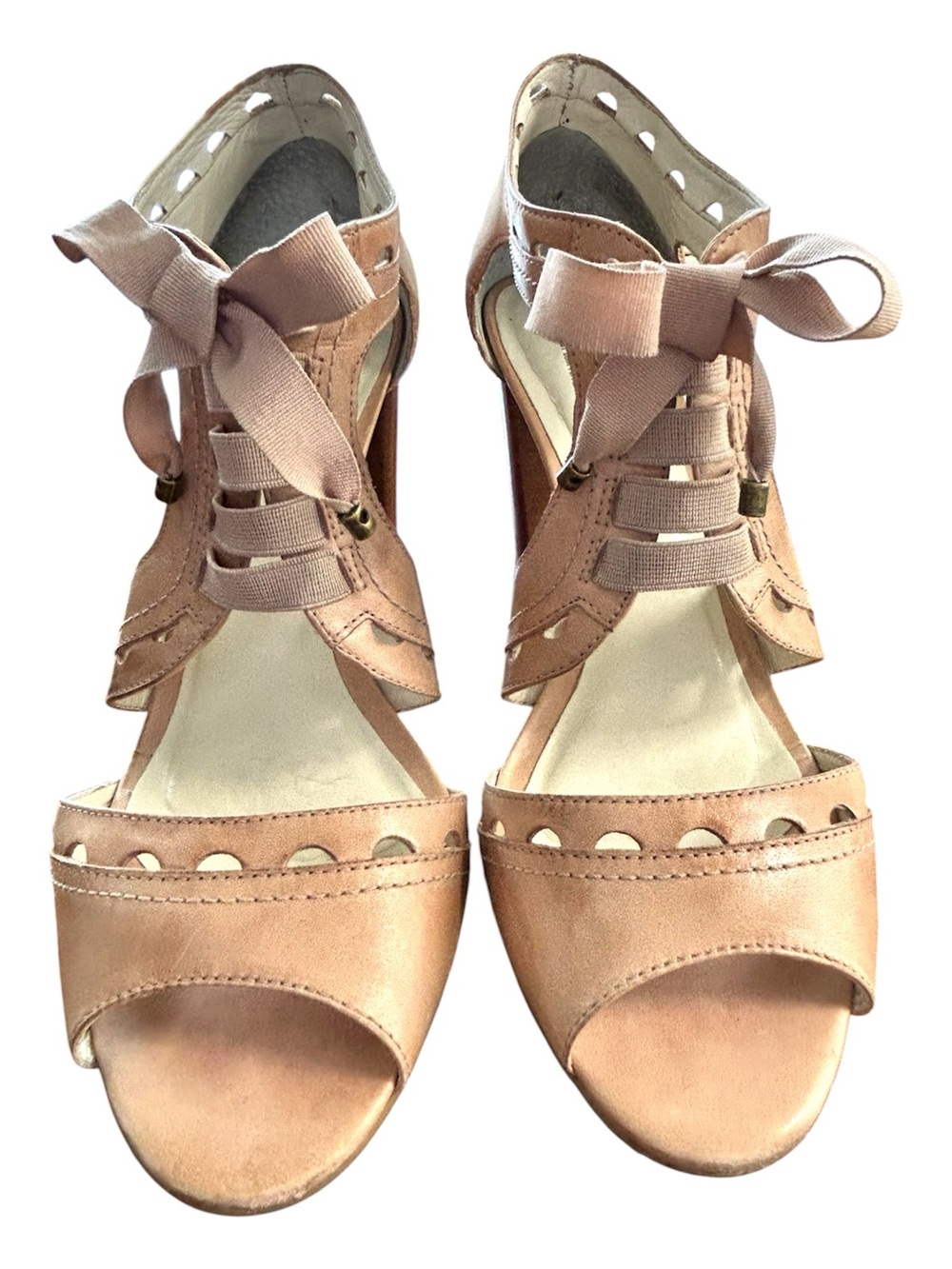 Hush Puppies Couture Collections Nude Leather Block Heel Sandals Comfort Sole 10